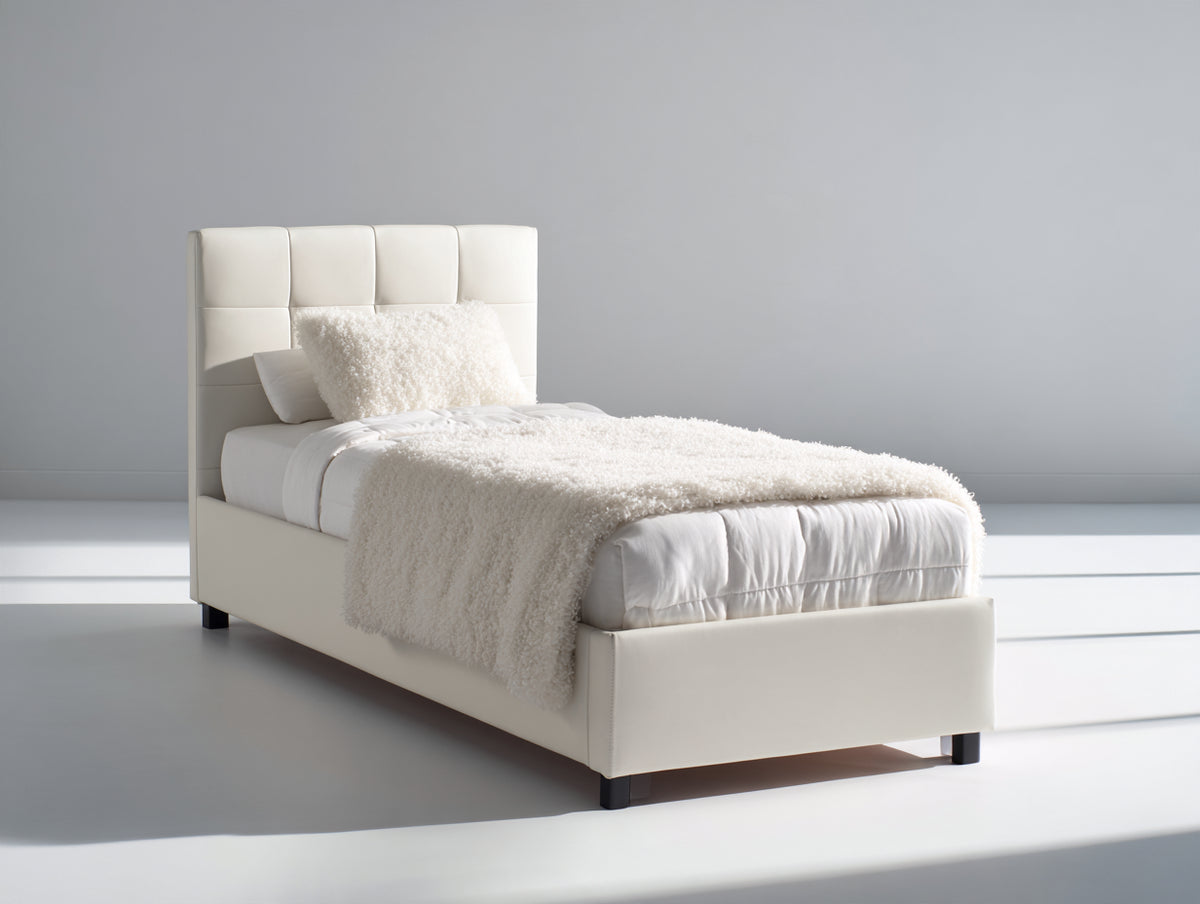 Letto singolo - Ecopelle - 205x105x110 cm - Bianco crema - Design moderno